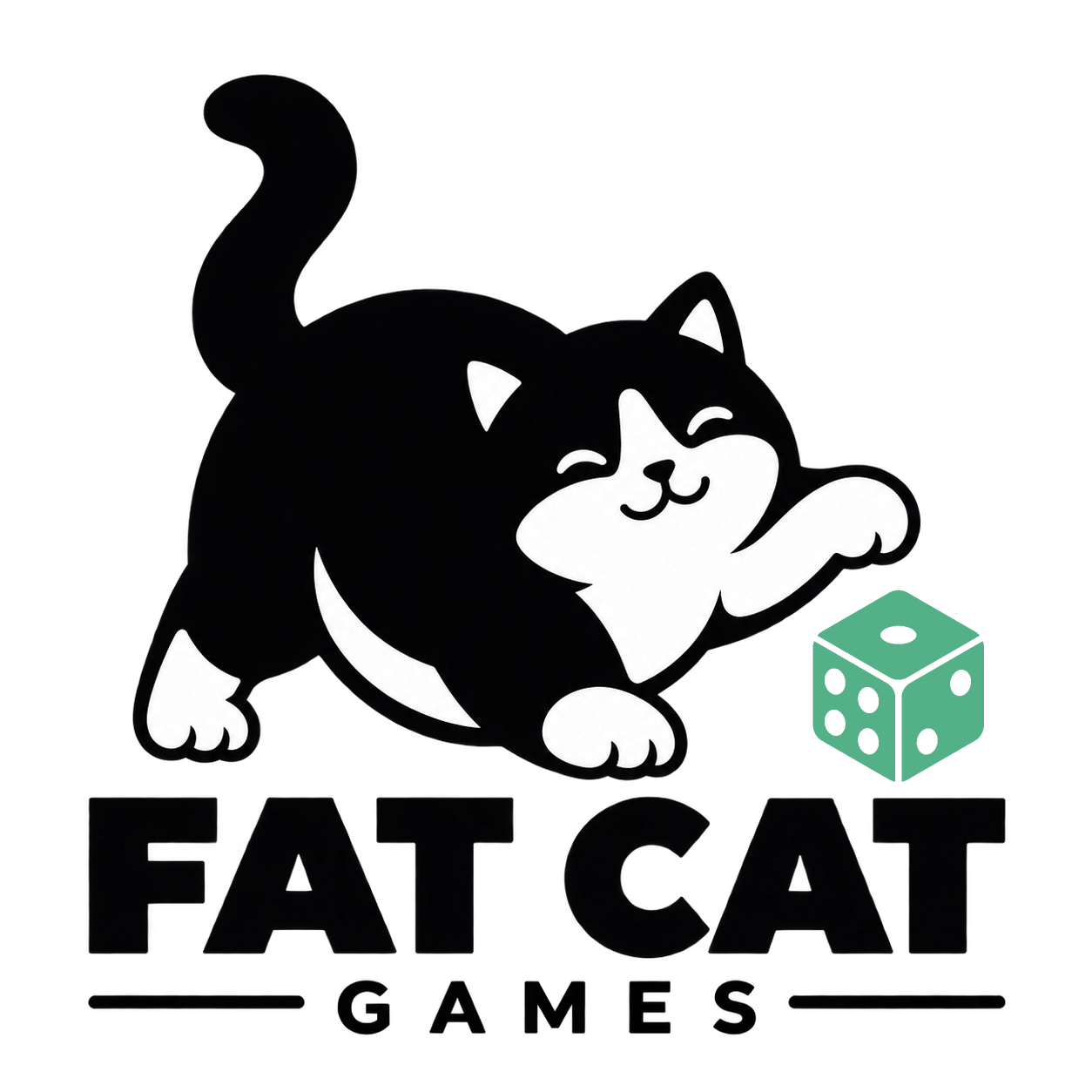 Fat Cat Games - czarny kot bawiący się zieloną kostką